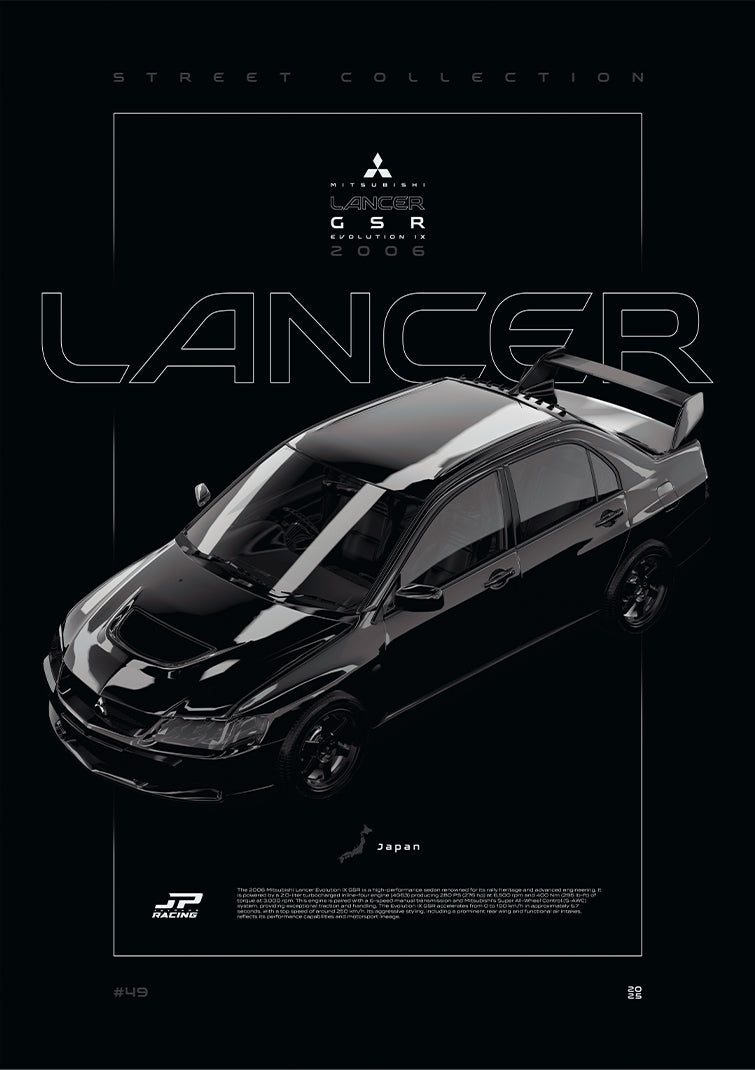 Mitsubishi Lancer Evolution IX GSR 2006 digital poster, minimalist black racing wall art by Jaypads Racing