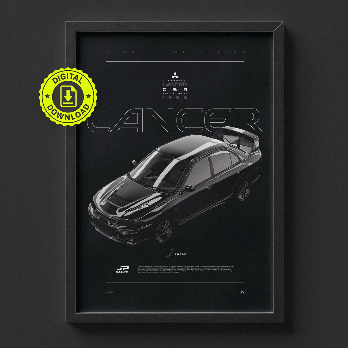 Mitsubishi Lancer GSR Evolution IV 1996 poster framed on a wall, digital download