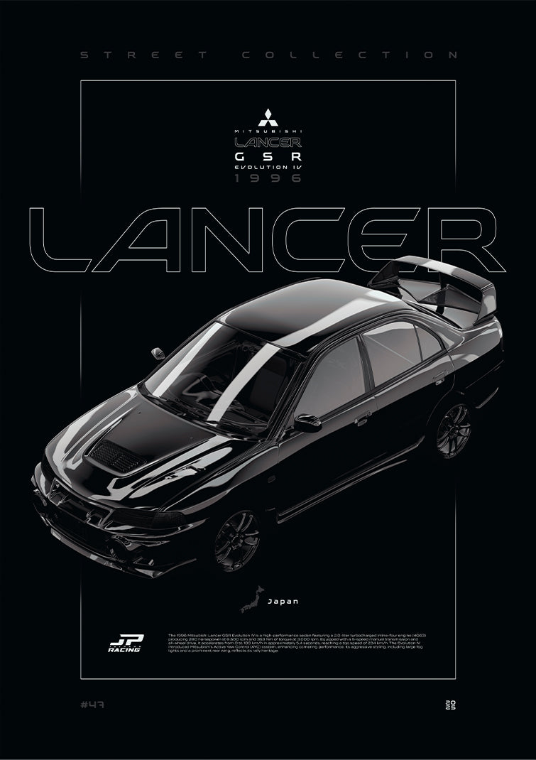 Mitsubishi Lancer GSR Evolution IV 1996 digital poster, minimalist black racing wall art by Jaypads Racing