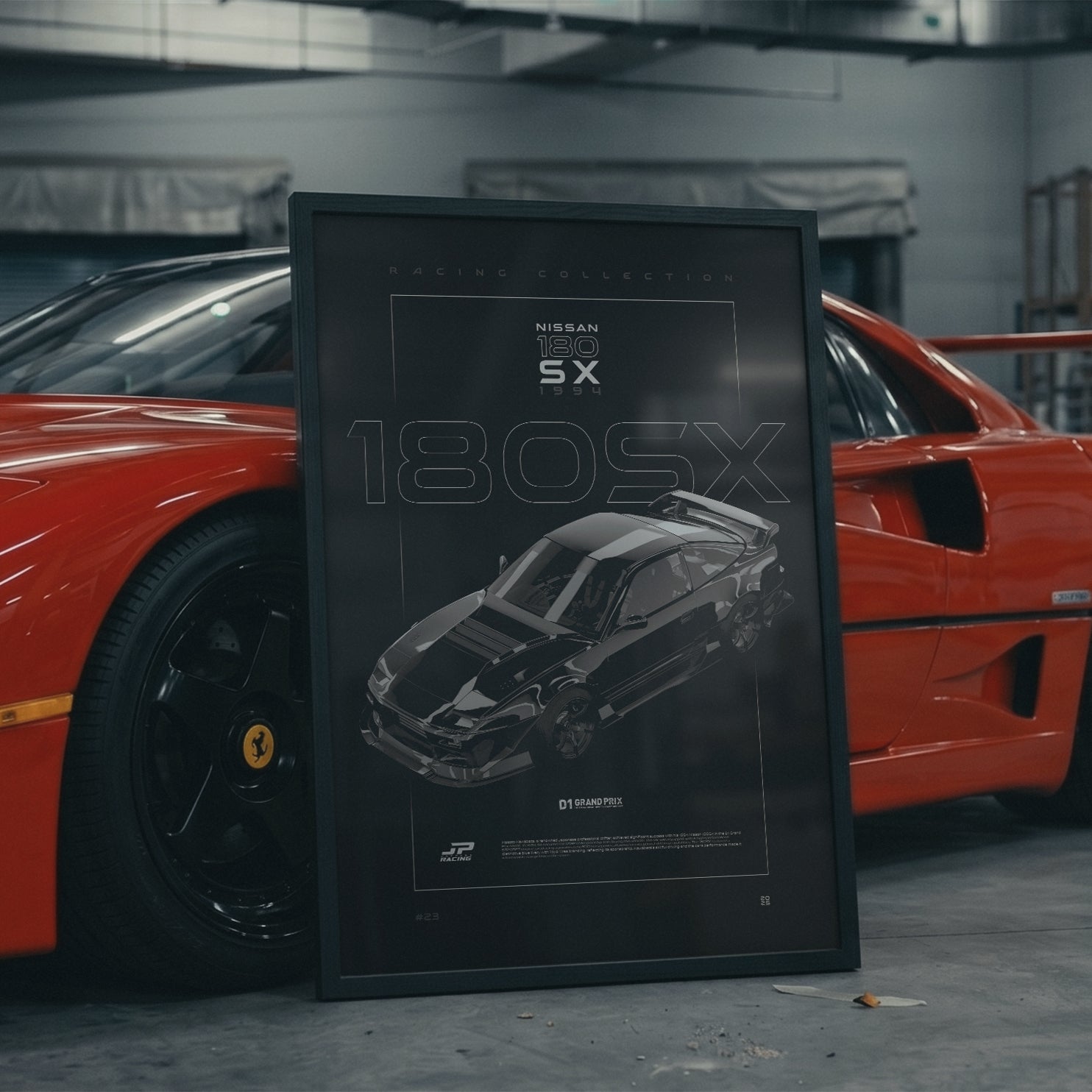 Nissan 180SX D1 1994 framed poster in an industrial warehouse space