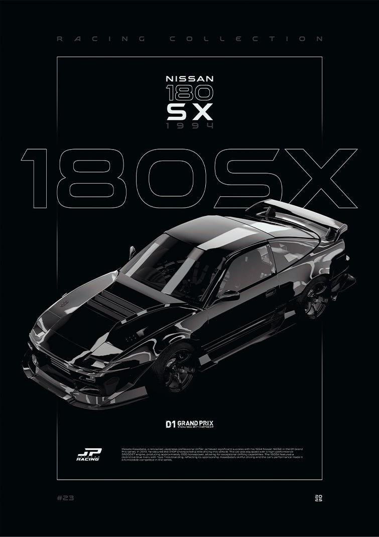 Nissan 180SX D1 1994 digital poster, minimalist black racing wall art by Jaypads Racing