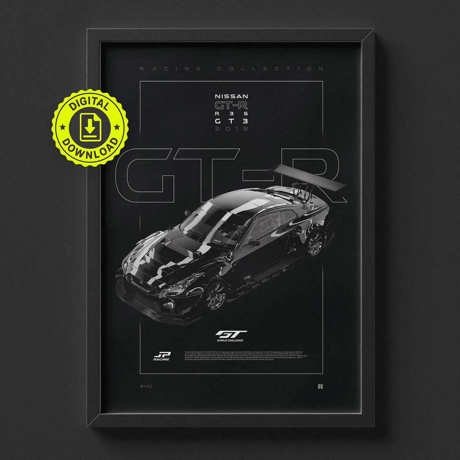 Nissan GT-R R35 GT3 2018 poster framed on a wall, digital download