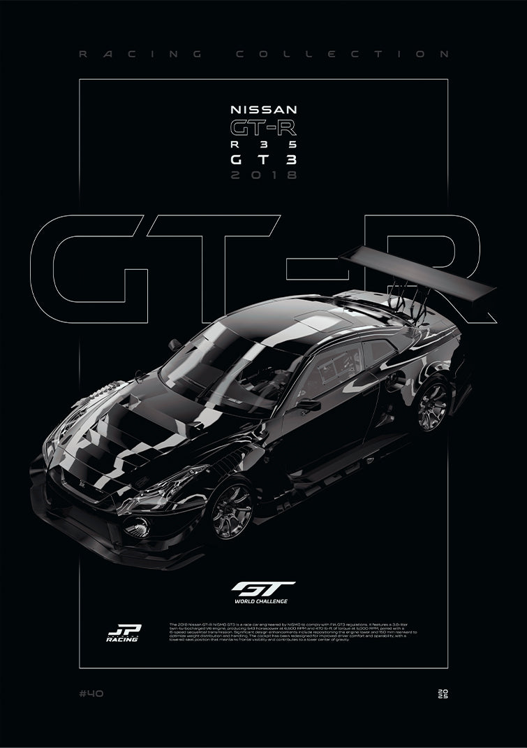 Nissan GT-R R35 GT3 2018 digital poster, minimalist black racing wall art by Jaypads Racing