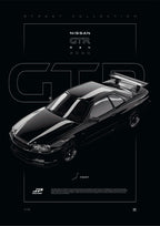 Nissan GTR R34 2000 digital poster, minimalist black racing wall art by Jaypads Racing