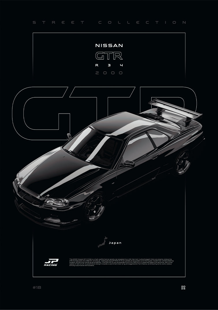 Nissan GTR R34 2000 digital poster, minimalist black racing wall art by Jaypads Racing