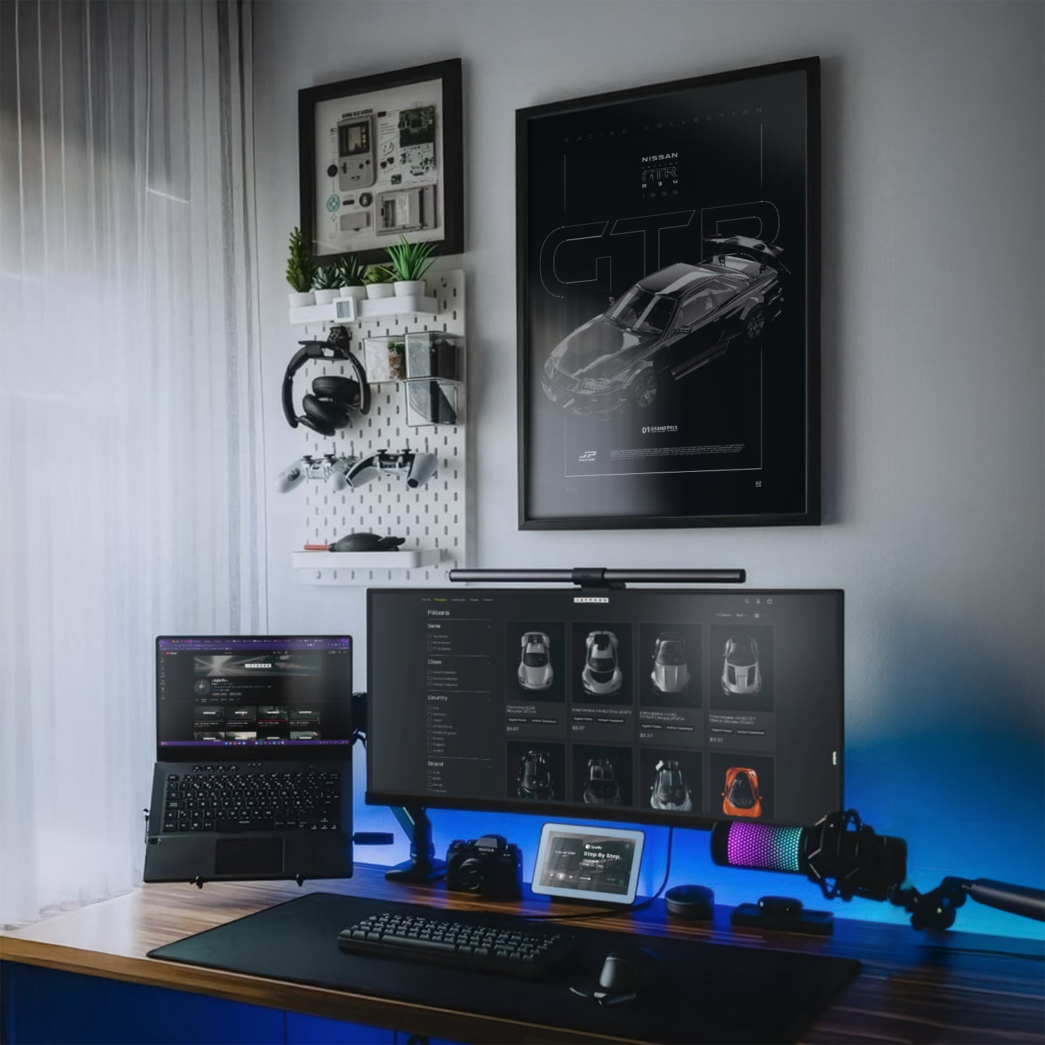 Nissan GTR R34 D1 1999 framed poster on a modern desk setup