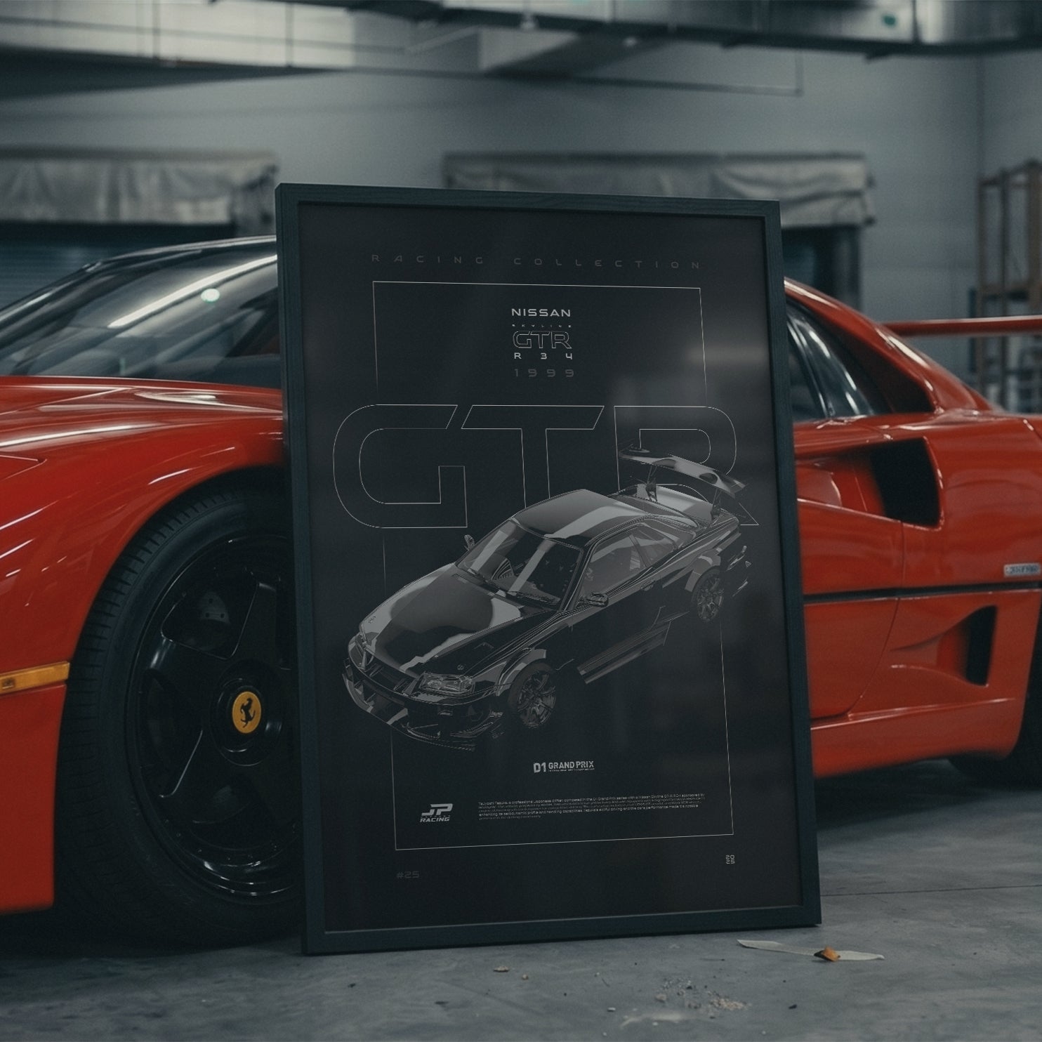 Nissan GTR R34 D1 1999 framed poster in an industrial warehouse space