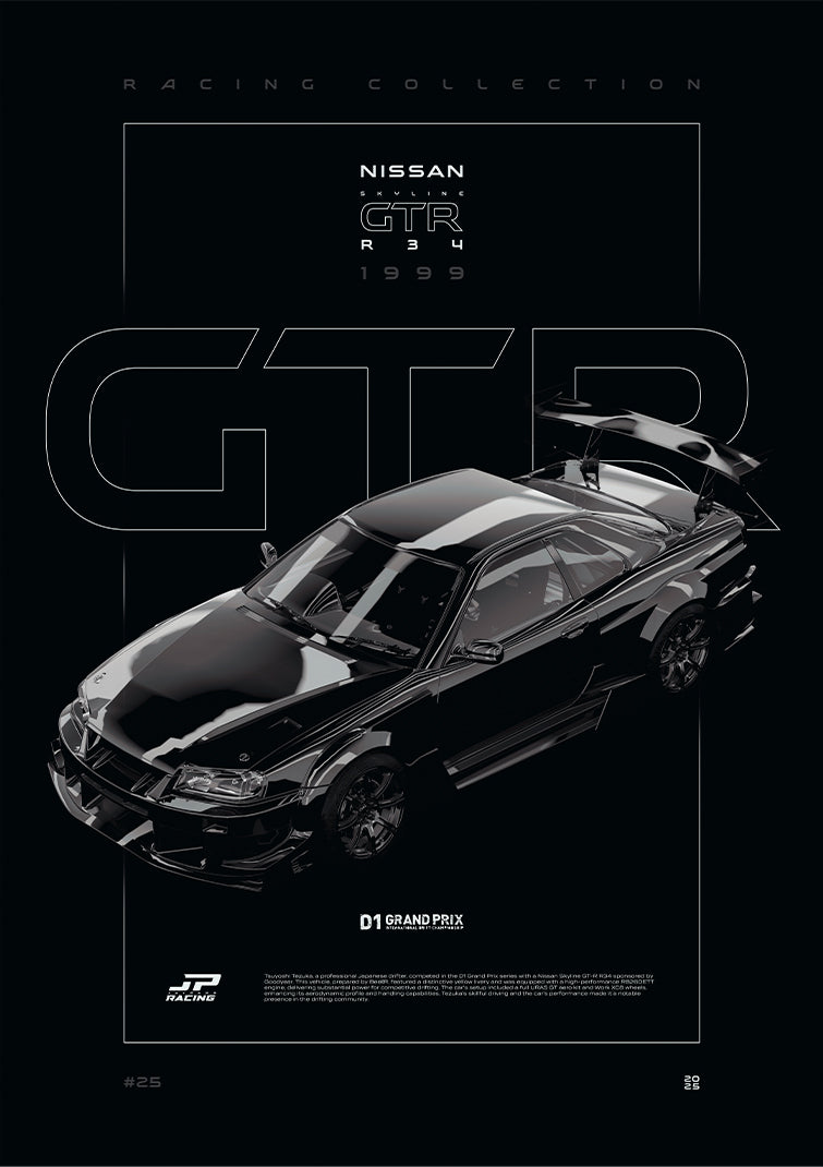 Nissan GTR R34 D1 1999 digital poster, minimalist black racing wall art by Jaypads Racing