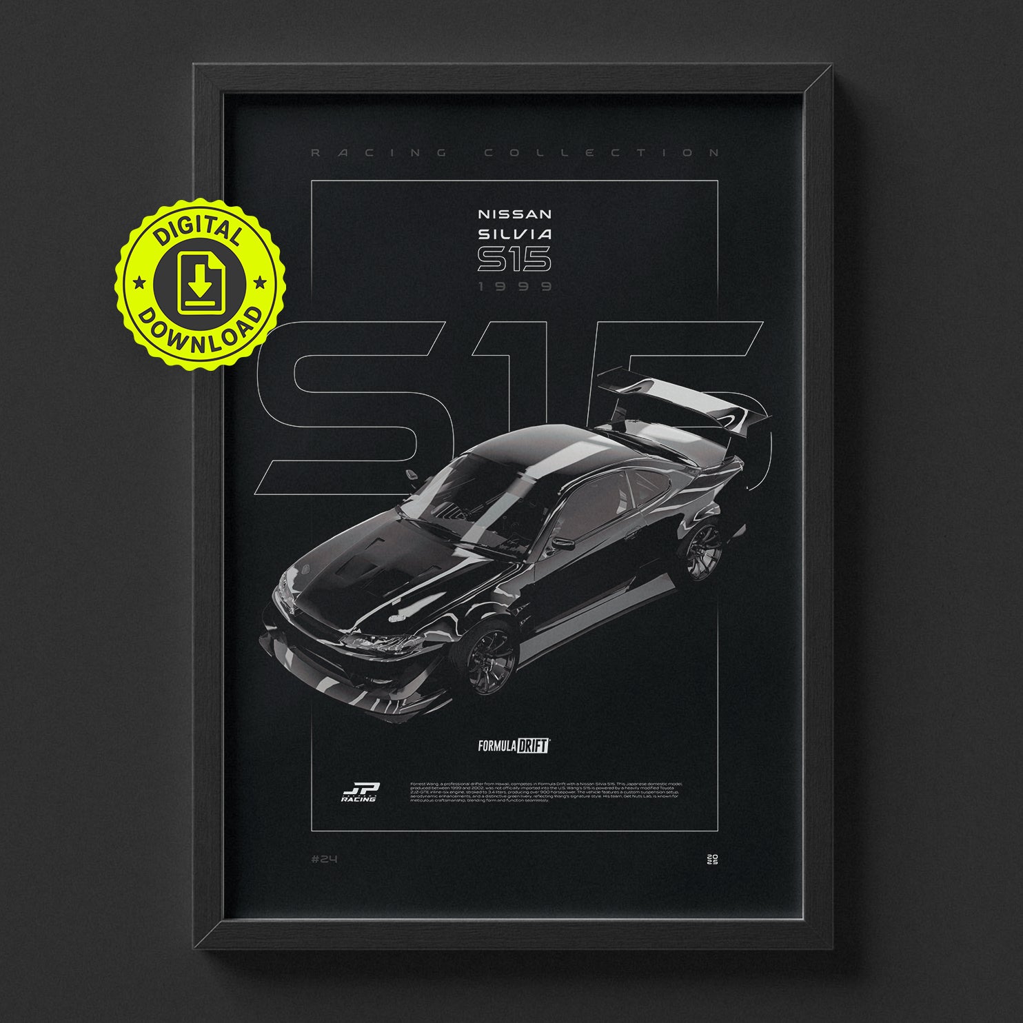Nissan Silvia S15 1999 poster framed on a wall, digital download