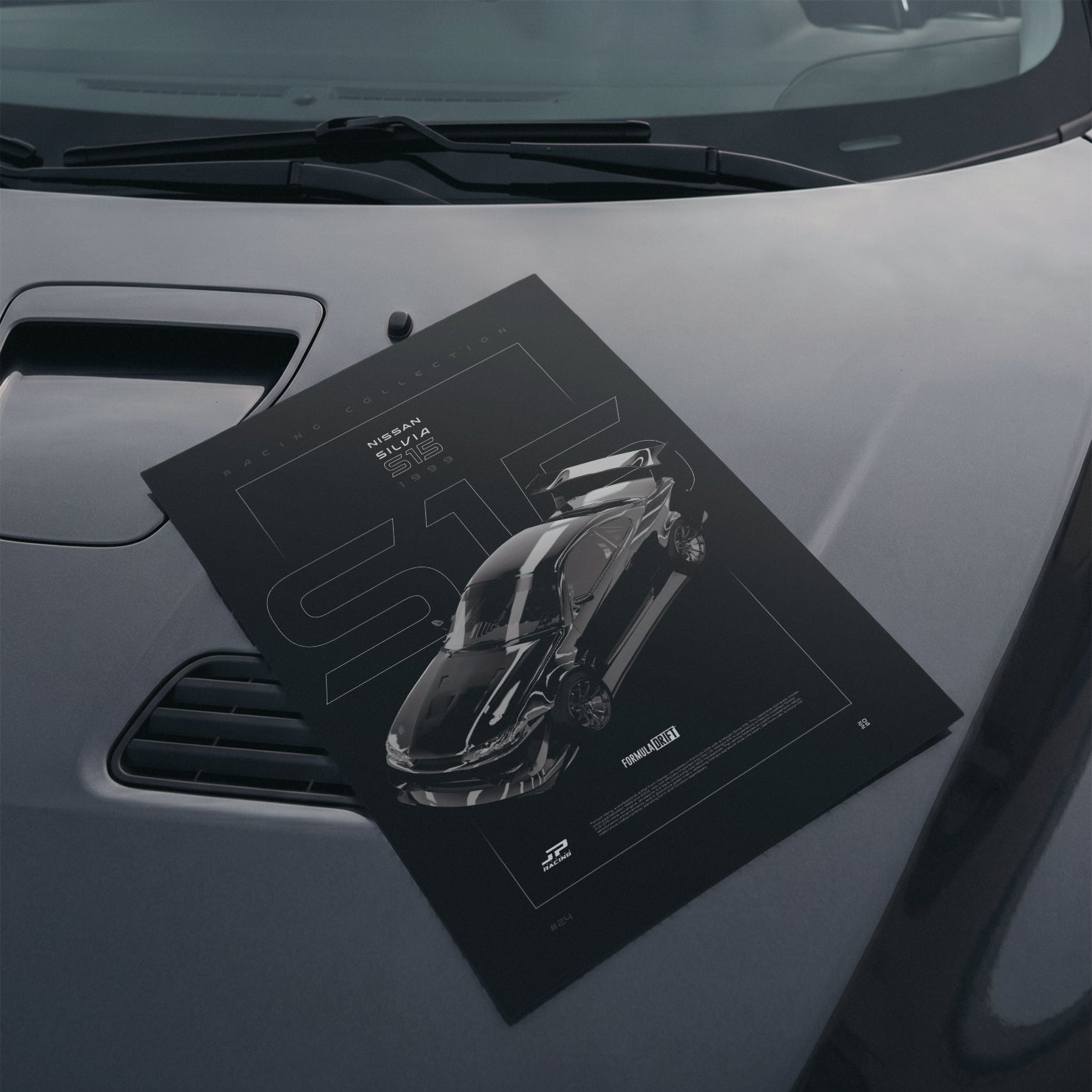 Nissan Silvia S15 1999 poster resting on a car hood