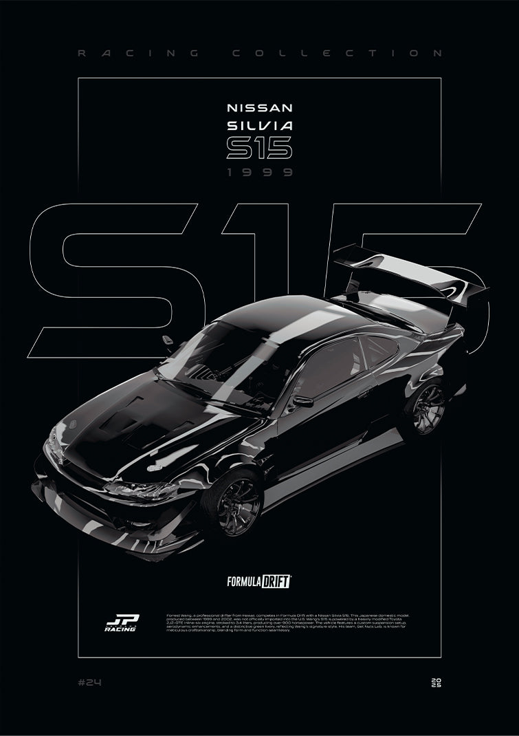 Nissan Silvia S15 1999 digital poster, minimalist black racing wall art by Jaypads Racing