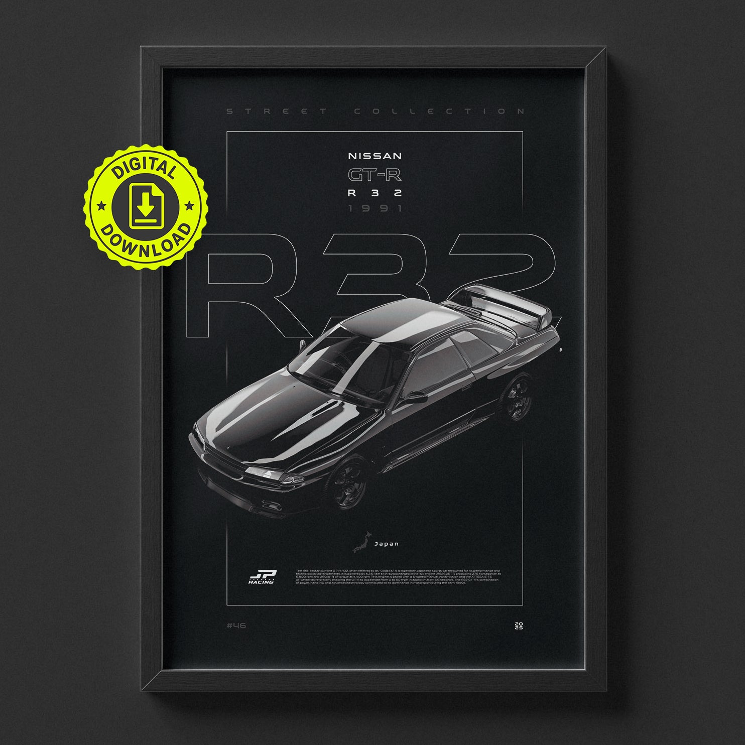 Nissan Skyline GT-R R32 1991 poster framed on a wall, digital download