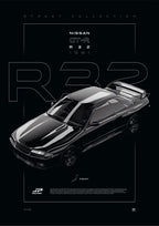 Nissan Skyline GT-R R32 1991 digital poster, minimalist black racing wall art by Jaypads Racing