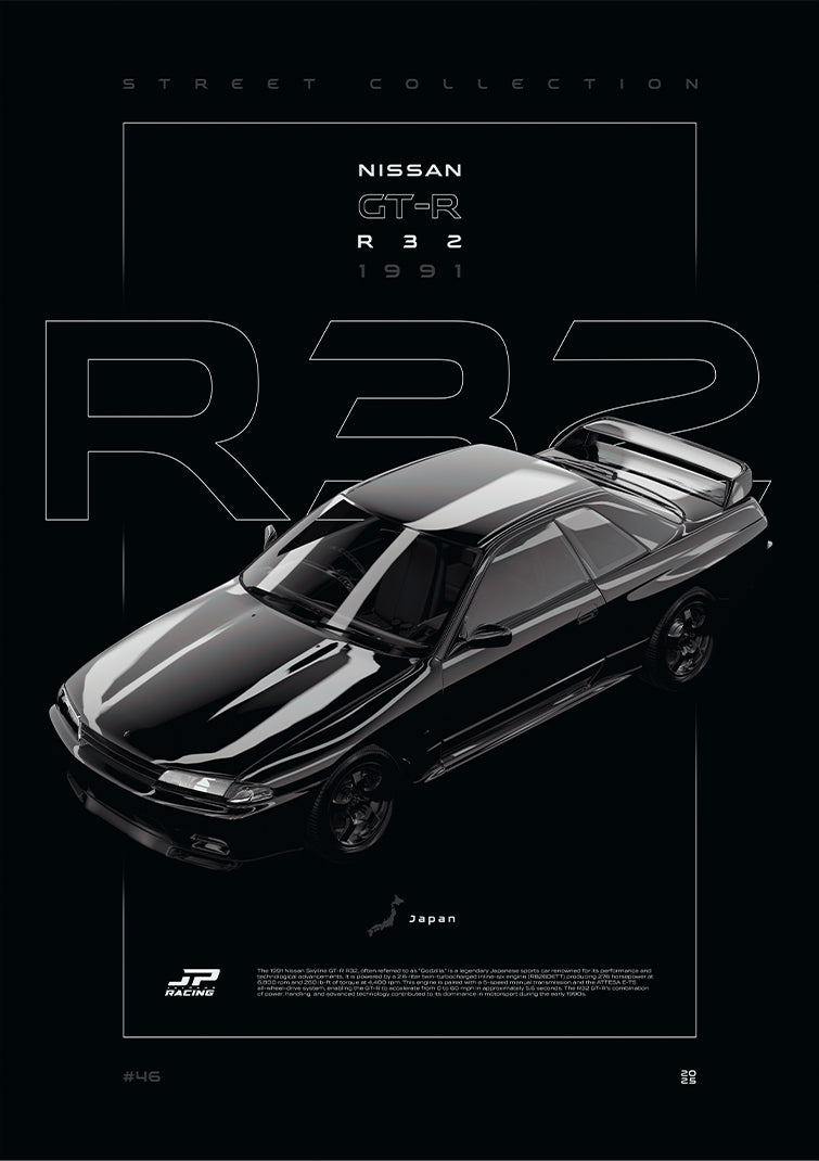 Nissan Skyline GT-R R32 1991 digital poster, minimalist black racing wall art by Jaypads Racing