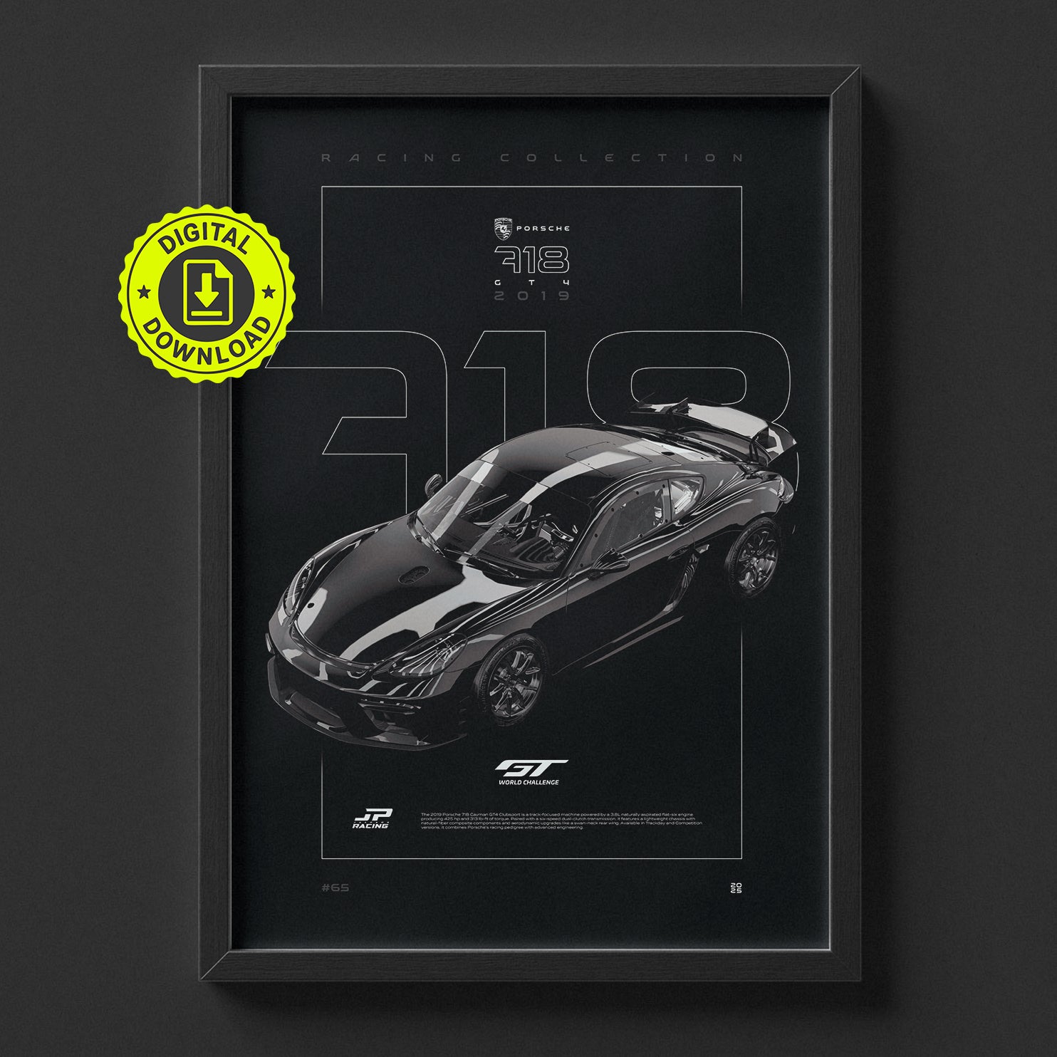 Porsche 718 Cayman GT4 Clubsport 2019 poster framed on a wall, digital download