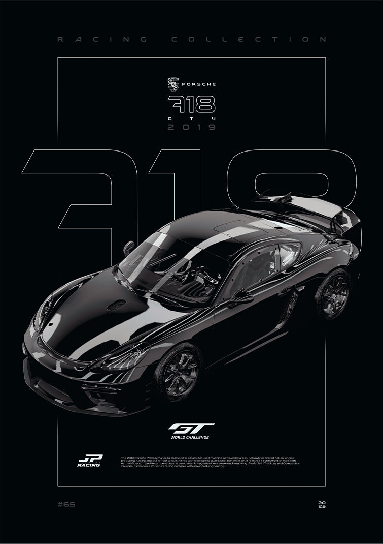 Porsche 718 Cayman GT4 Clubsport 2019 digital poster, minimalist black racing wall art by Jaypads Racing