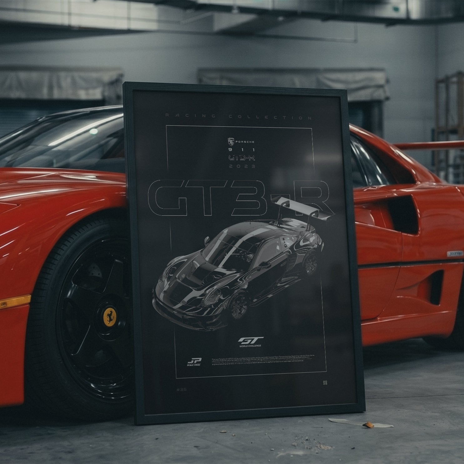 Porsche 911 GT3 R 2023 framed poster in an industrial warehouse space