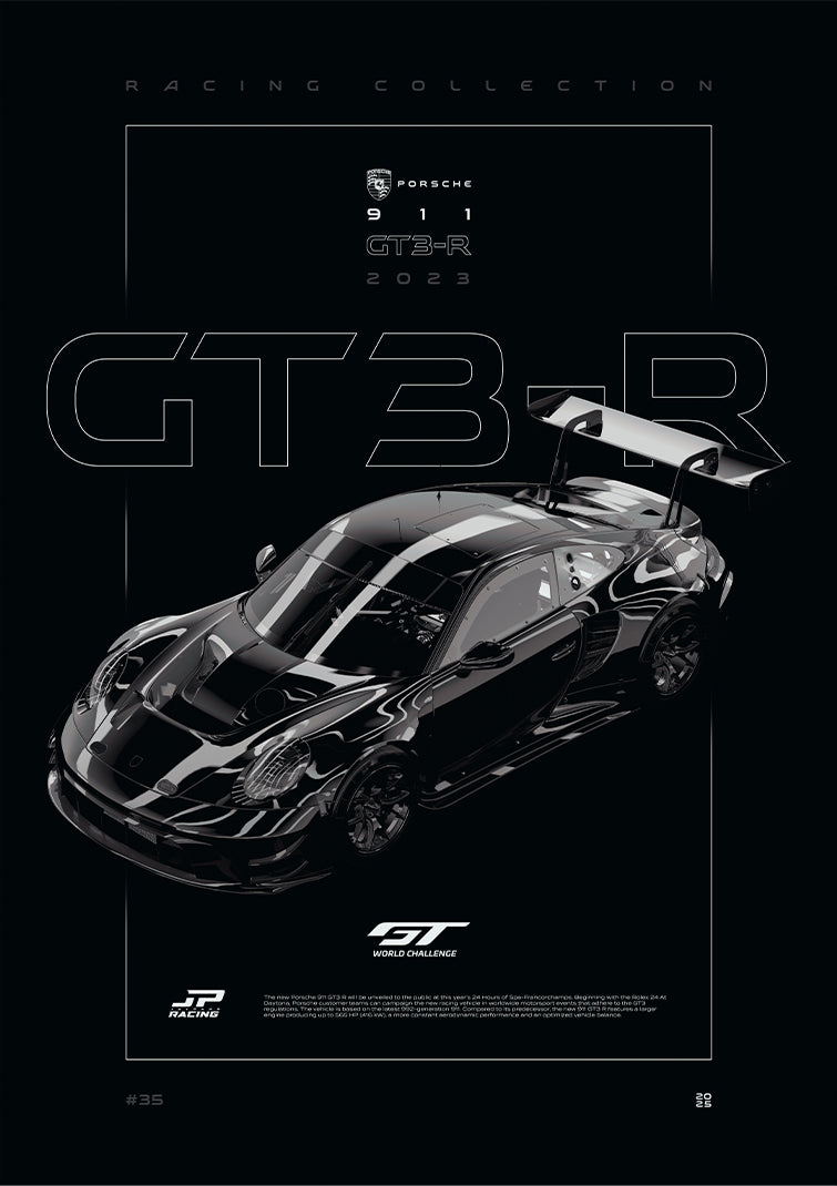 Porsche 911 GT3 R 2023 digital poster, minimalist black racing wall art by Jaypads Racing