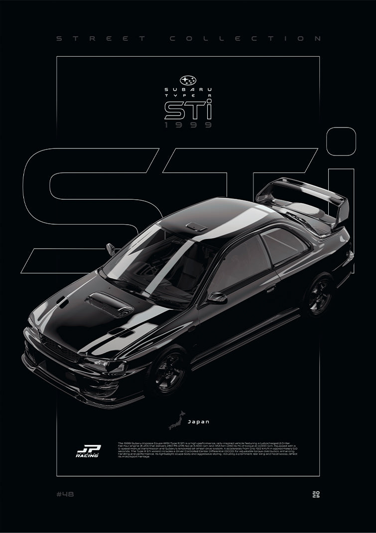 Subaru Impreza Coupe WRX Type R STi 1999 digital poster, minimalist black racing wall art by Jaypads Racing