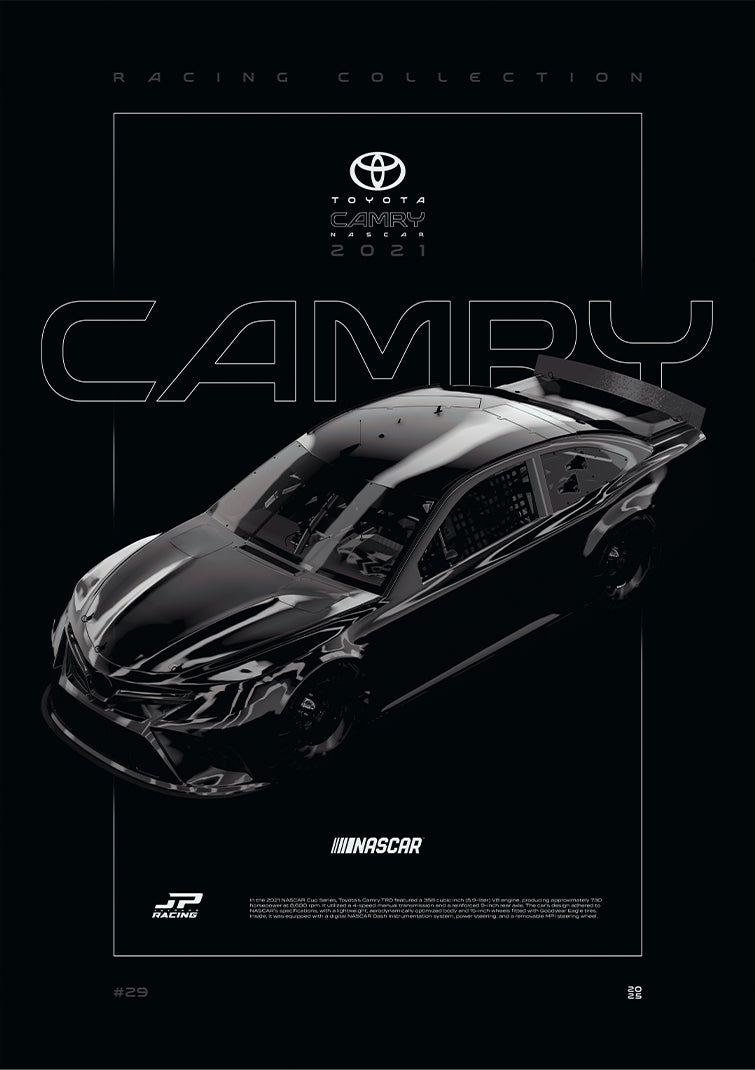 Toyota Camry Nascar 2021 digital poster, minimalist black racing wall art by Jaypads Racing