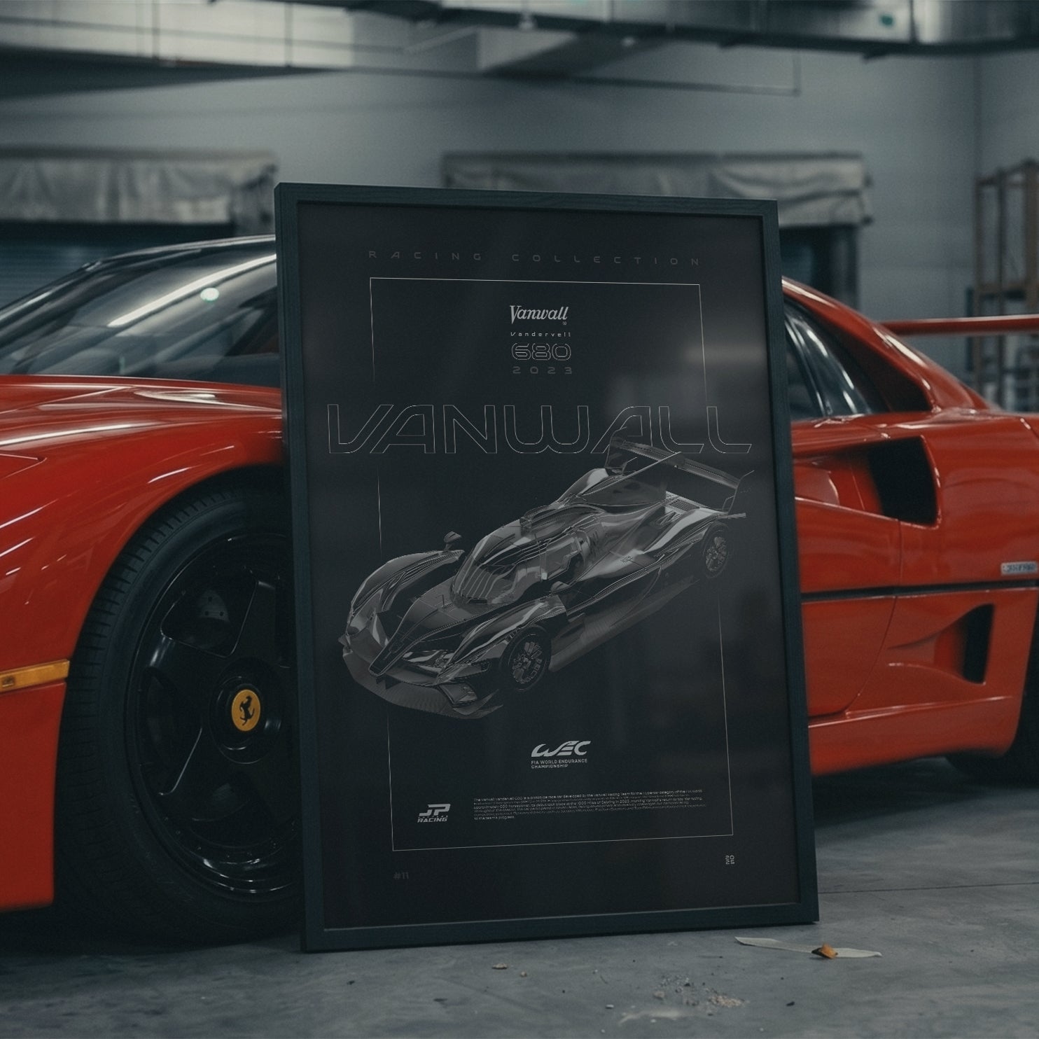 Vanwall Vandervell 680 2023 framed poster in an industrial warehouse space
